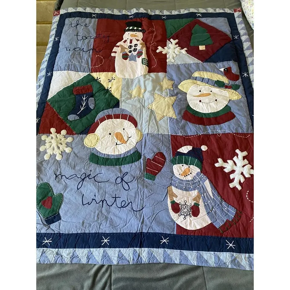 Winter Themed Patchwork Quilt with Snowman Design